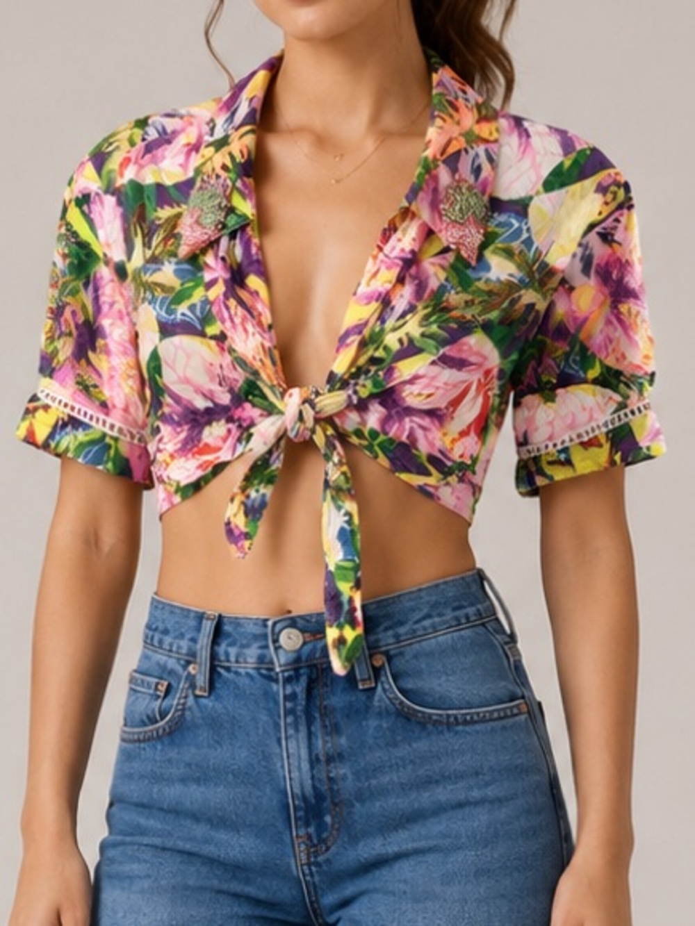Kitsch & Pop Floral Beaded Waist Tie Crop Top Small